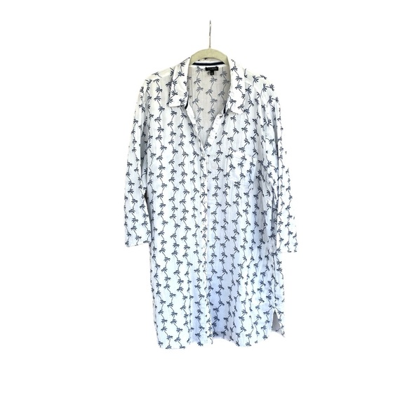 Talbots XL Palm Tree Button Down Shirt White Blue 100% Cotton Resort Top Long - Picture 9 of 9